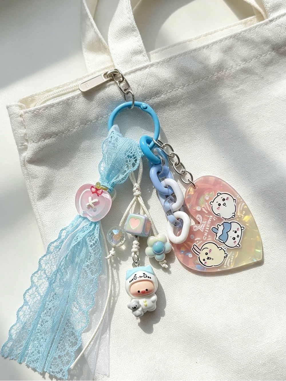 Cute Blue Small Pets Keychain Charm with Chiikawa Pastel Heart Pendant